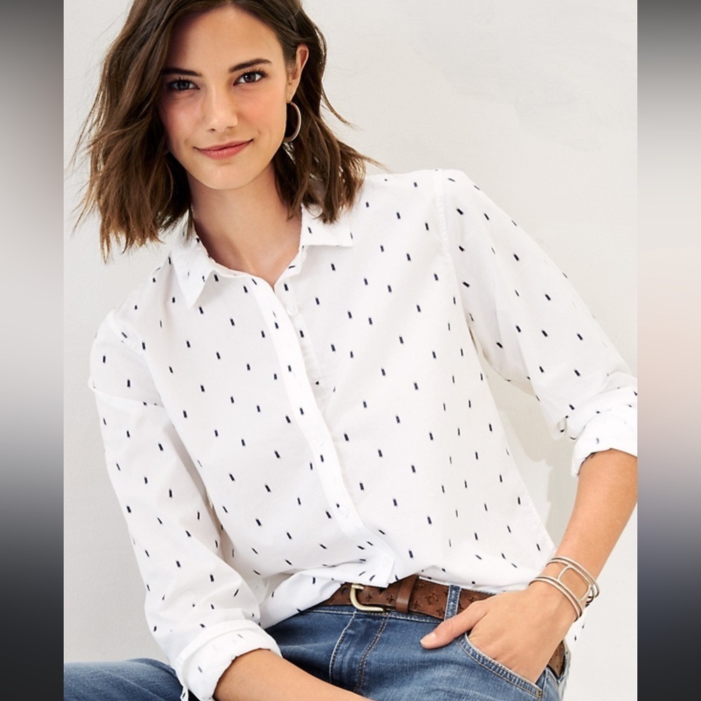 Garnet Hill 100% Organic Pima Cotton White Black Relaxed Shirt Size 12